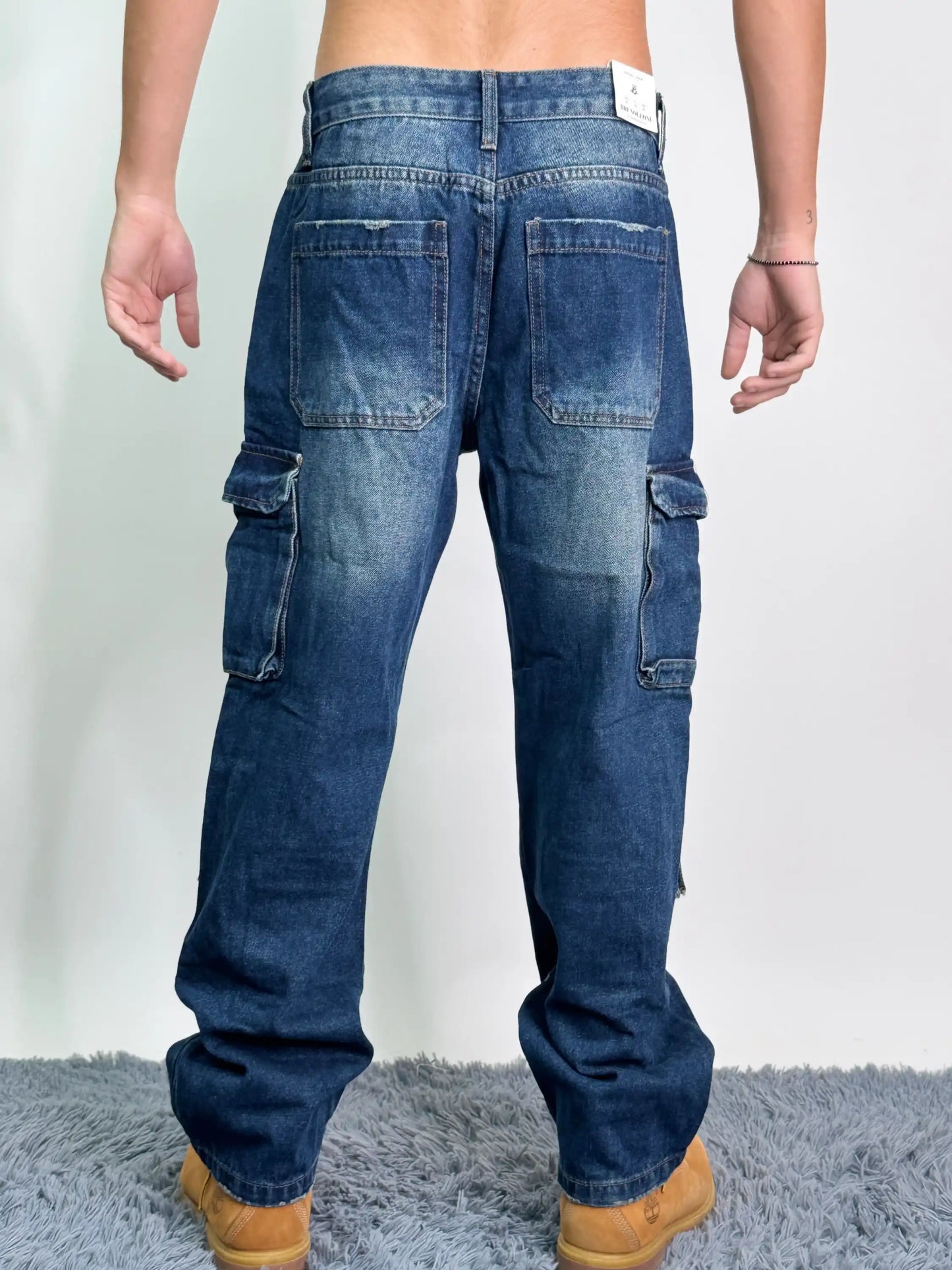 Jeans old cotone tasconi baggy oversize blu