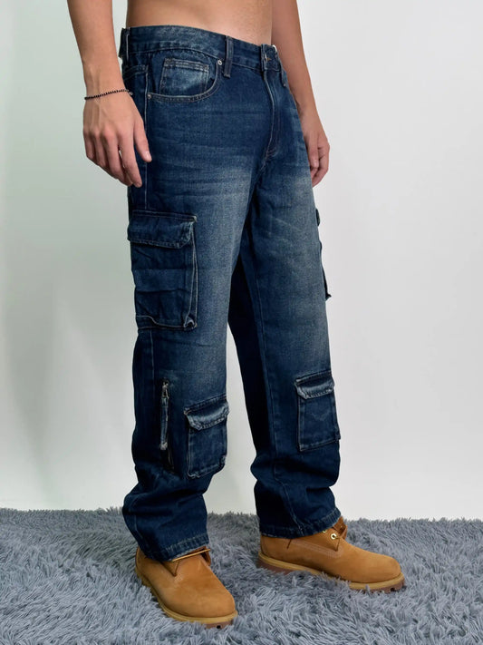 Jeans old cotone tasconi baggy oversize blu