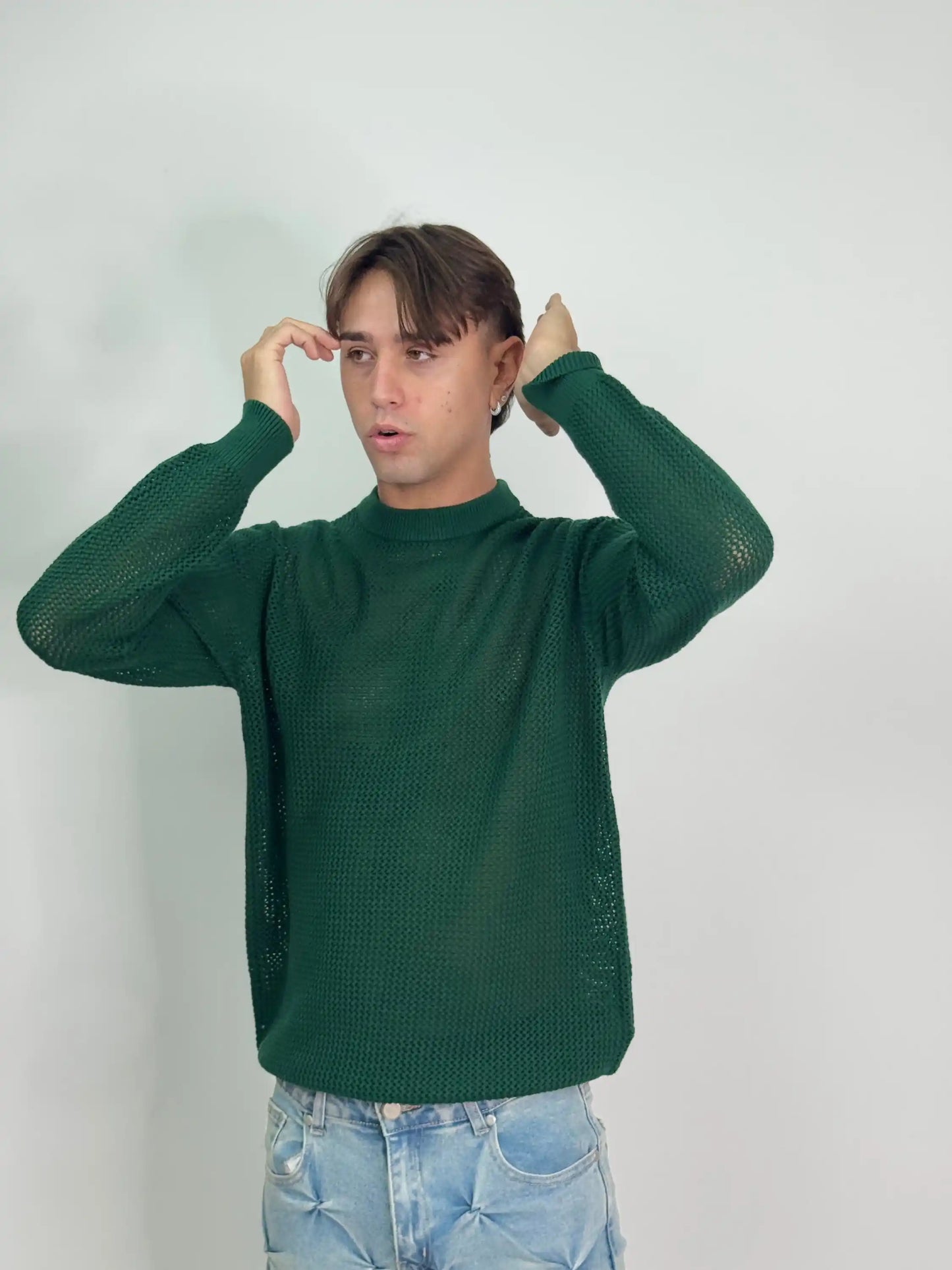 Maglione traforato verde girocollo