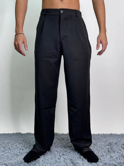 Pantalone italiano cotone elegante palazzo baggy nero