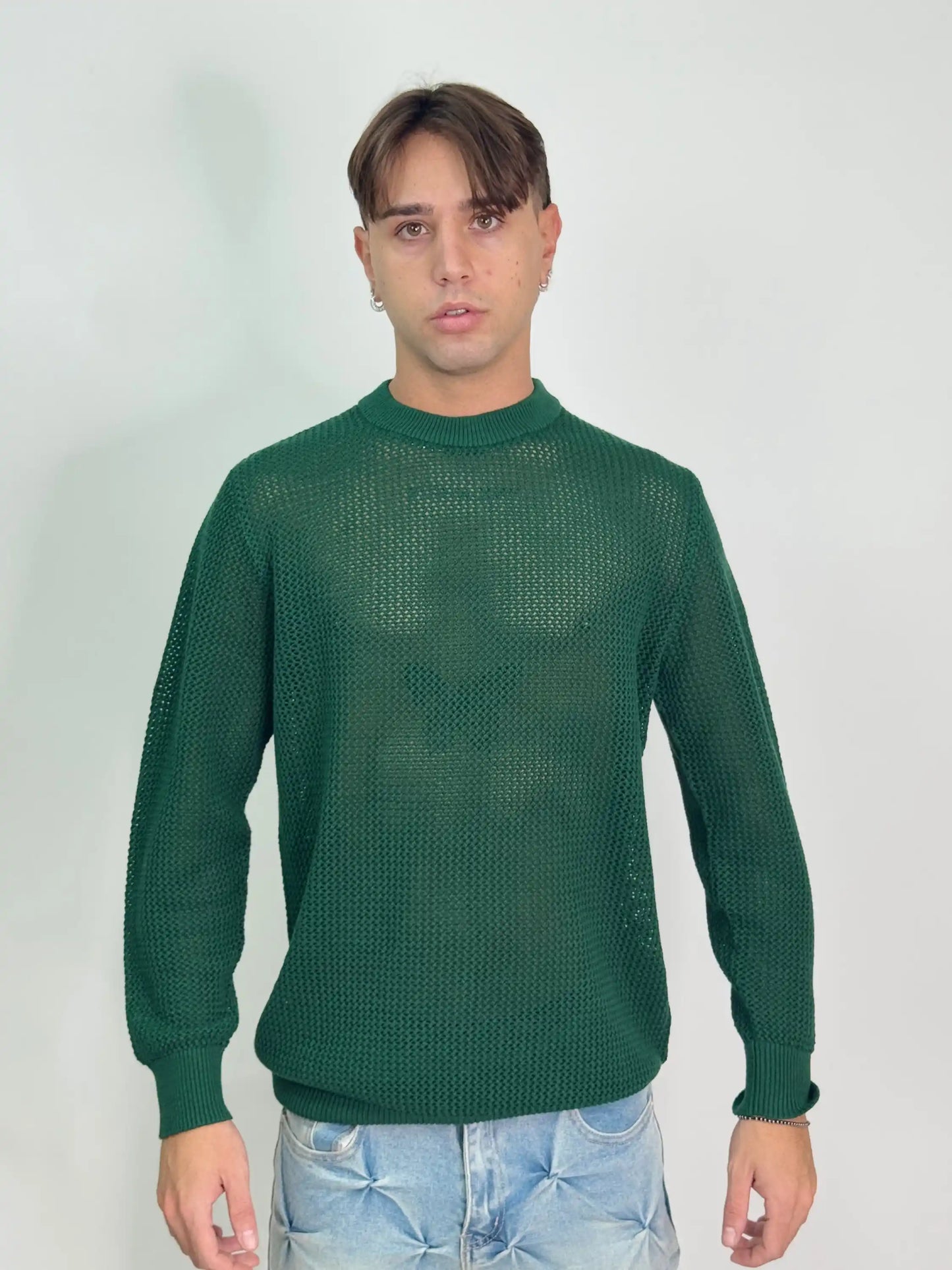 Maglione traforato verde girocollo