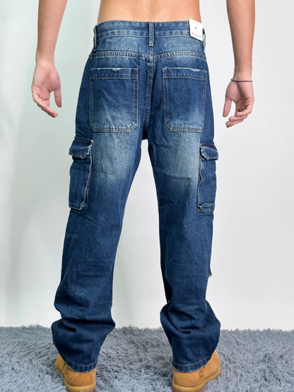 Jeans old cotone tasconi baggy oversize blu