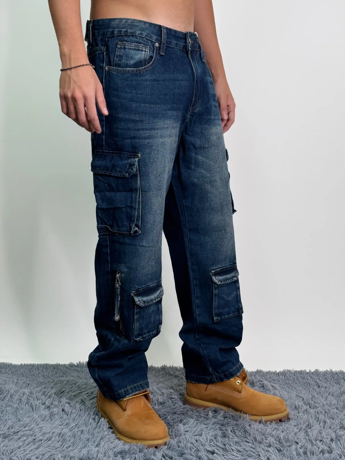 Jeans old cotone tasconi baggy oversize blu