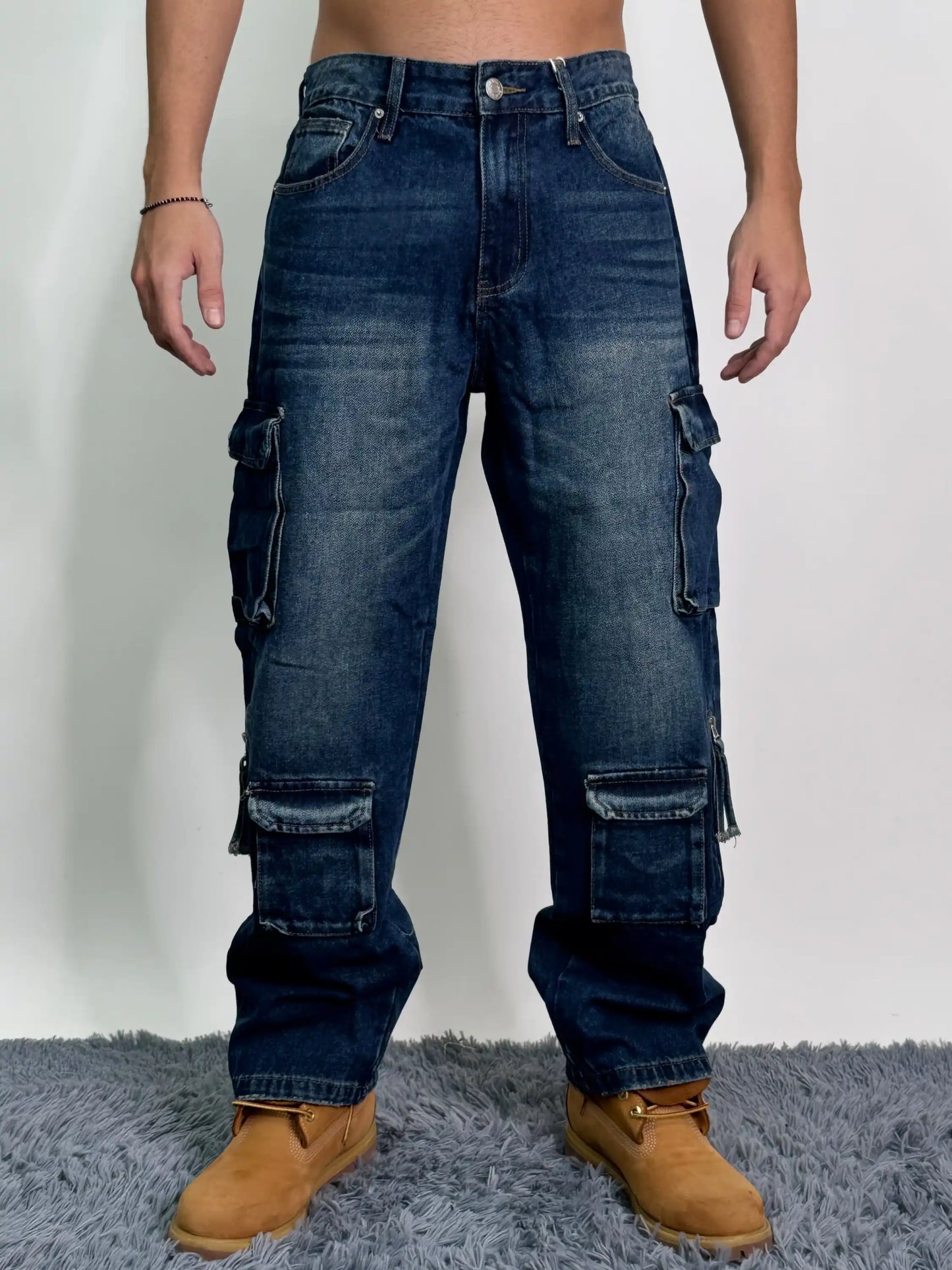 Jeans old cotone tasconi baggy oversize blu