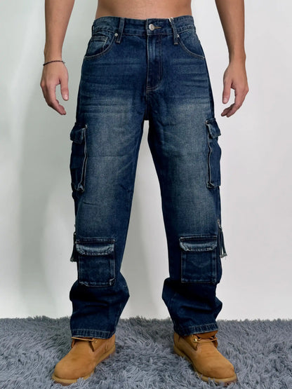 Jeans old cotone tasconi baggy oversize blu