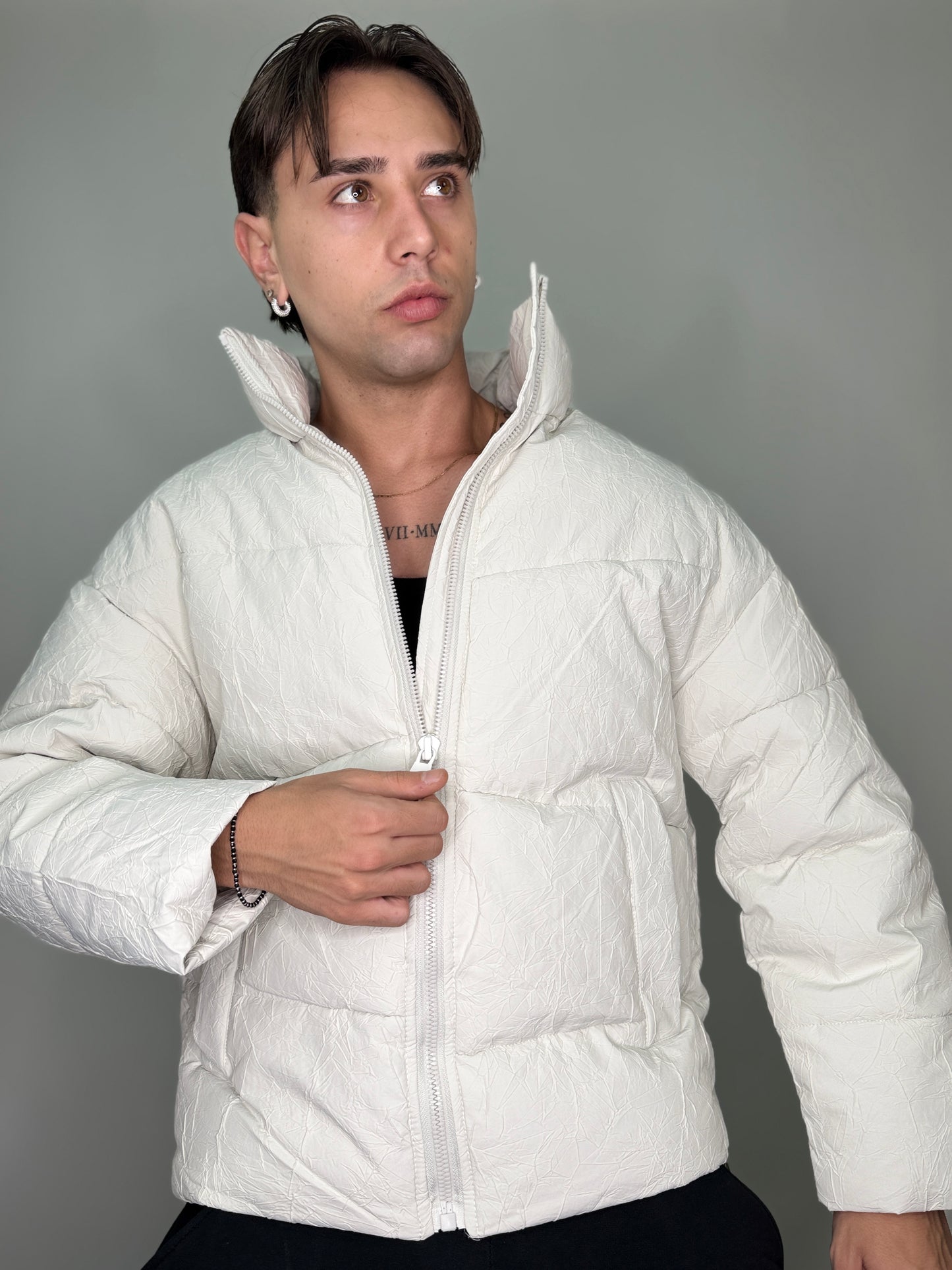 Bomber invernale zip oversize cropped bianco