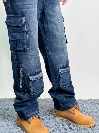 Jeans old cotone tasconi baggy oversize blu