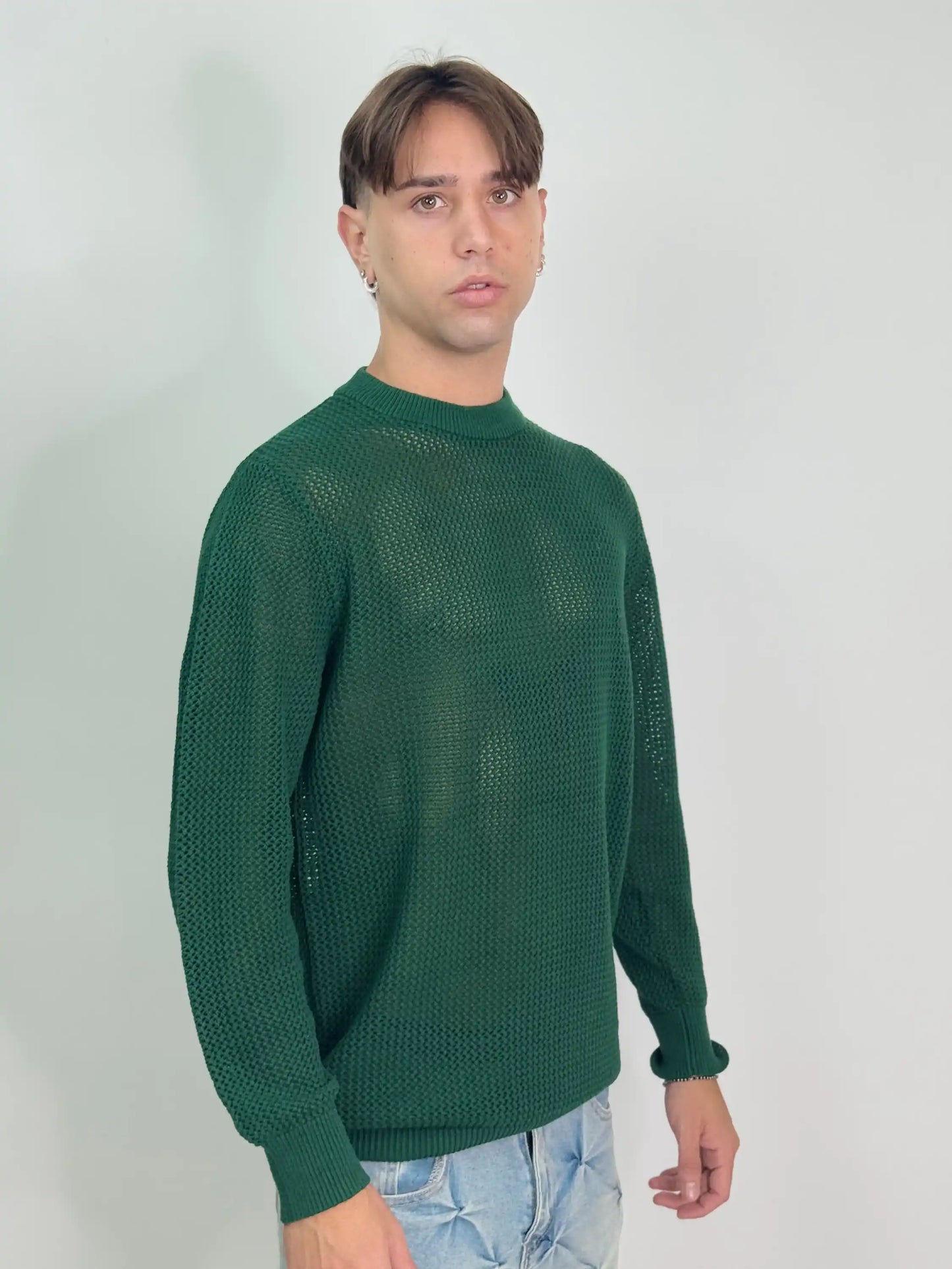 Maglione traforato verde girocollo