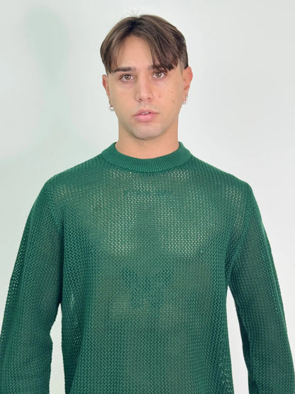 Maglione traforato verde girocollo
