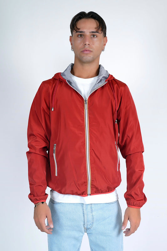 Giacca a vento con zip e cappuccio double face rosso e grigio