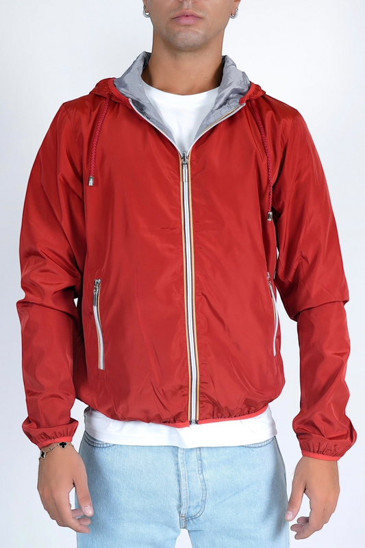 Giacca a vento con zip e cappuccio double face rosso e grigio